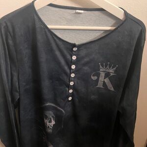 Dark Long Sleeve Shirt with Skull and Crown Design